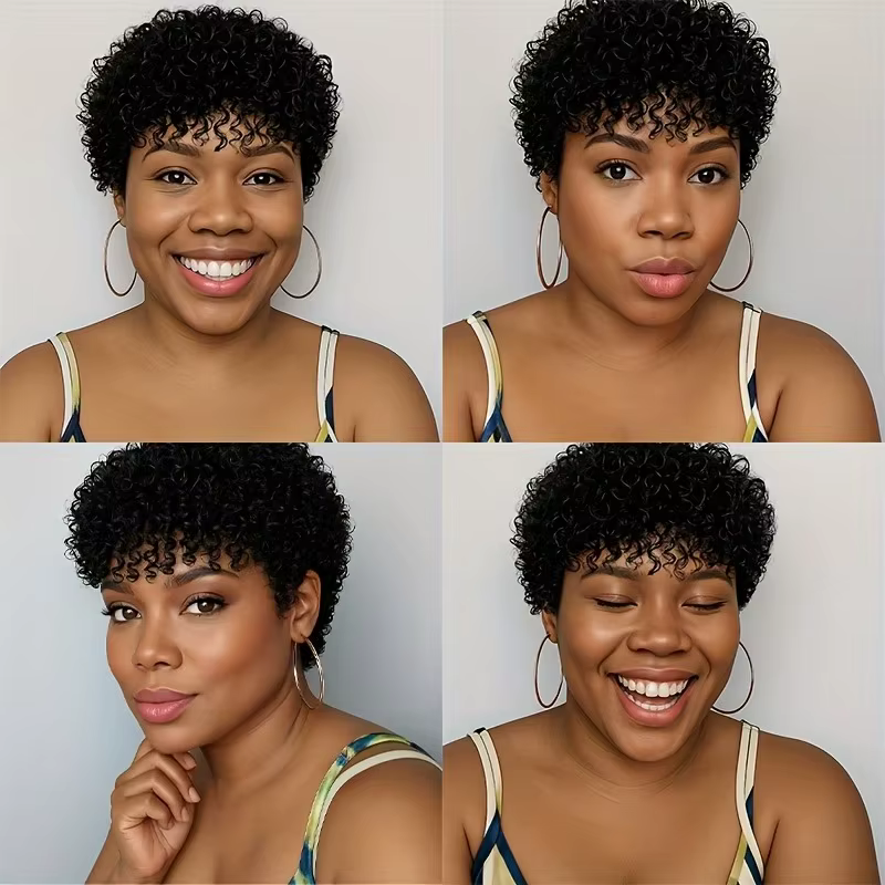 Perruque de cheveux humains Afro crépus bouclés avec frange 4 pouces brésilien Remy coupe lutin eau bouclée pleine