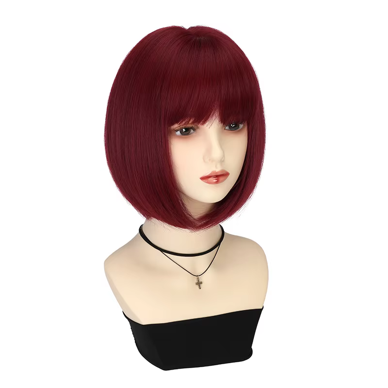 Perruque synthétique de coiffure bob rouge vin à la mode pour la fête