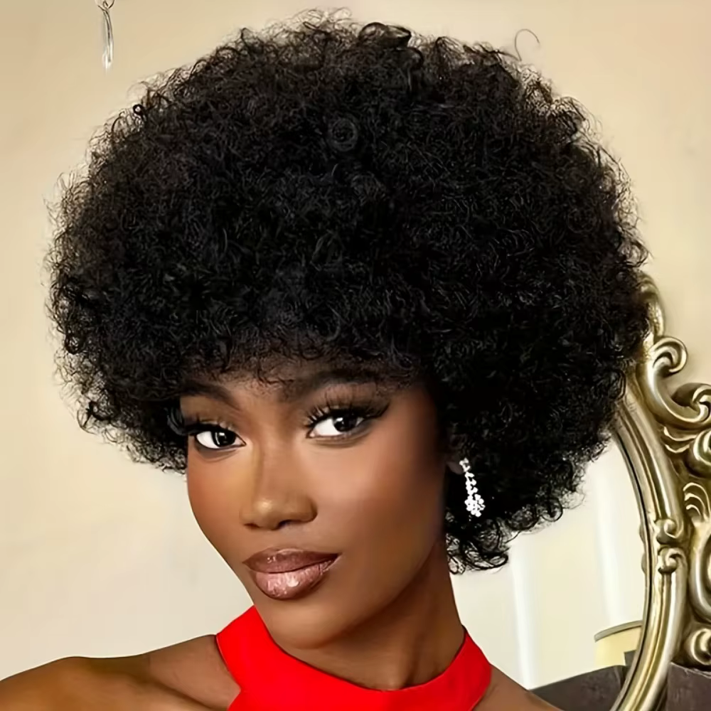 Perruque de cheveux humains courts afro bouclés Pixie pour femmes - 6 pouces noir naturel densité 150%