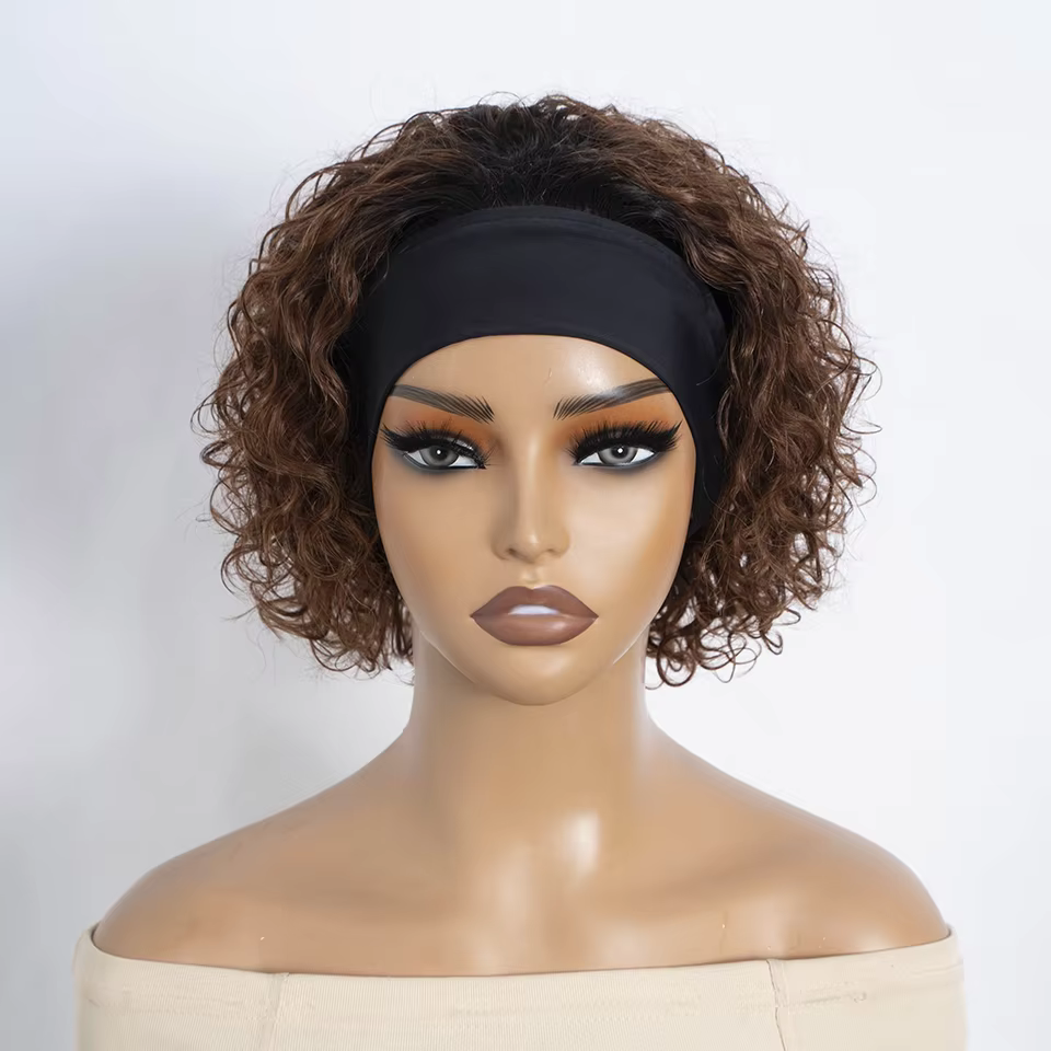 Perruque bandeau en cheveux humains bouclés, perruques brunes à enfiler, perruques bandeau sans colle avec bande élastique, coupe pixie, perruques bouclées en cheveux humains
