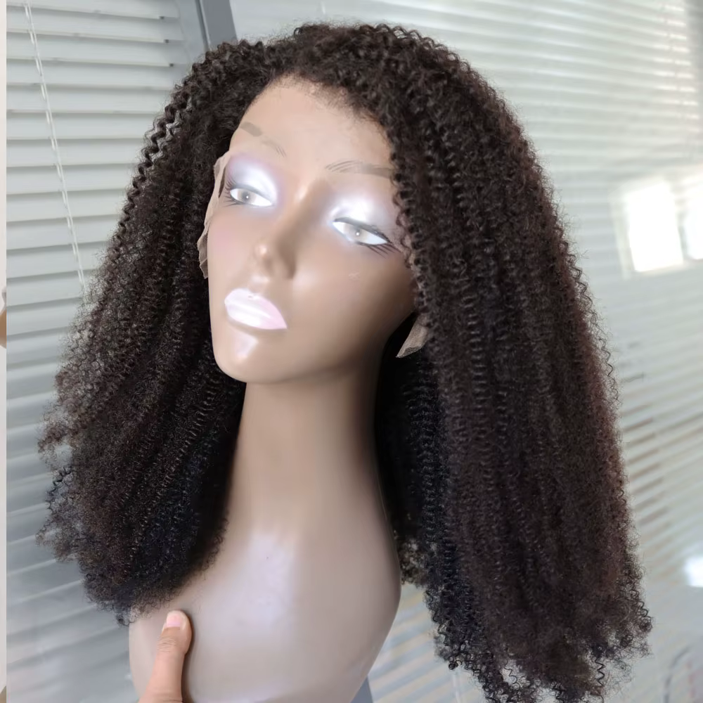 4C Afro crépus bouclés vierge Remy cheveux humains dentelle frontale fermeture perruque # 1 perruques de style noir de