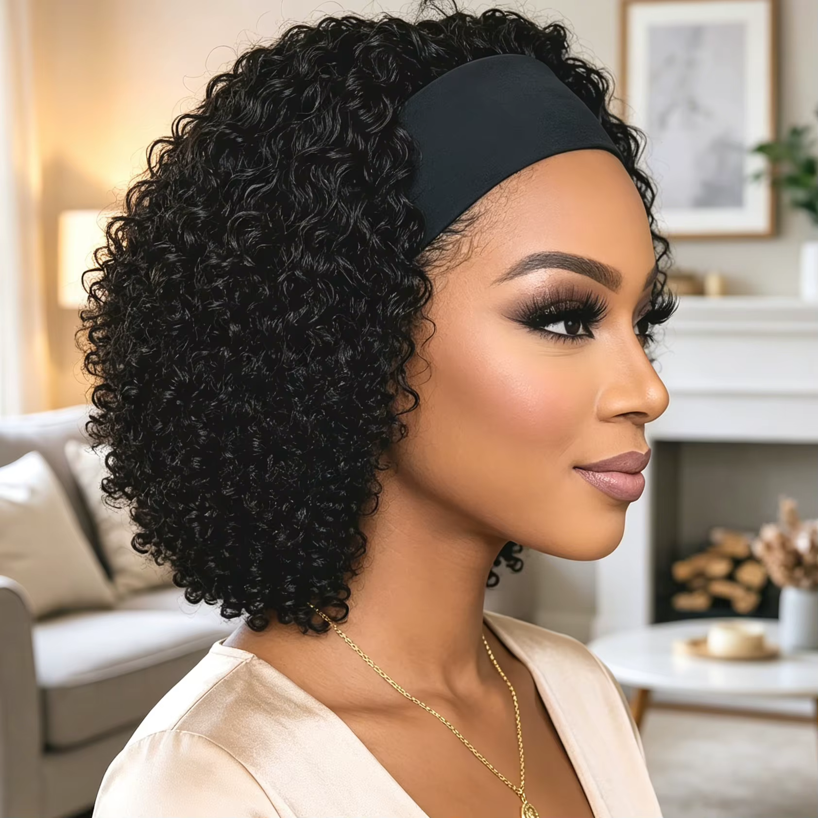 Perruque Courte Bob Frisée Kinky avec Bandeau
