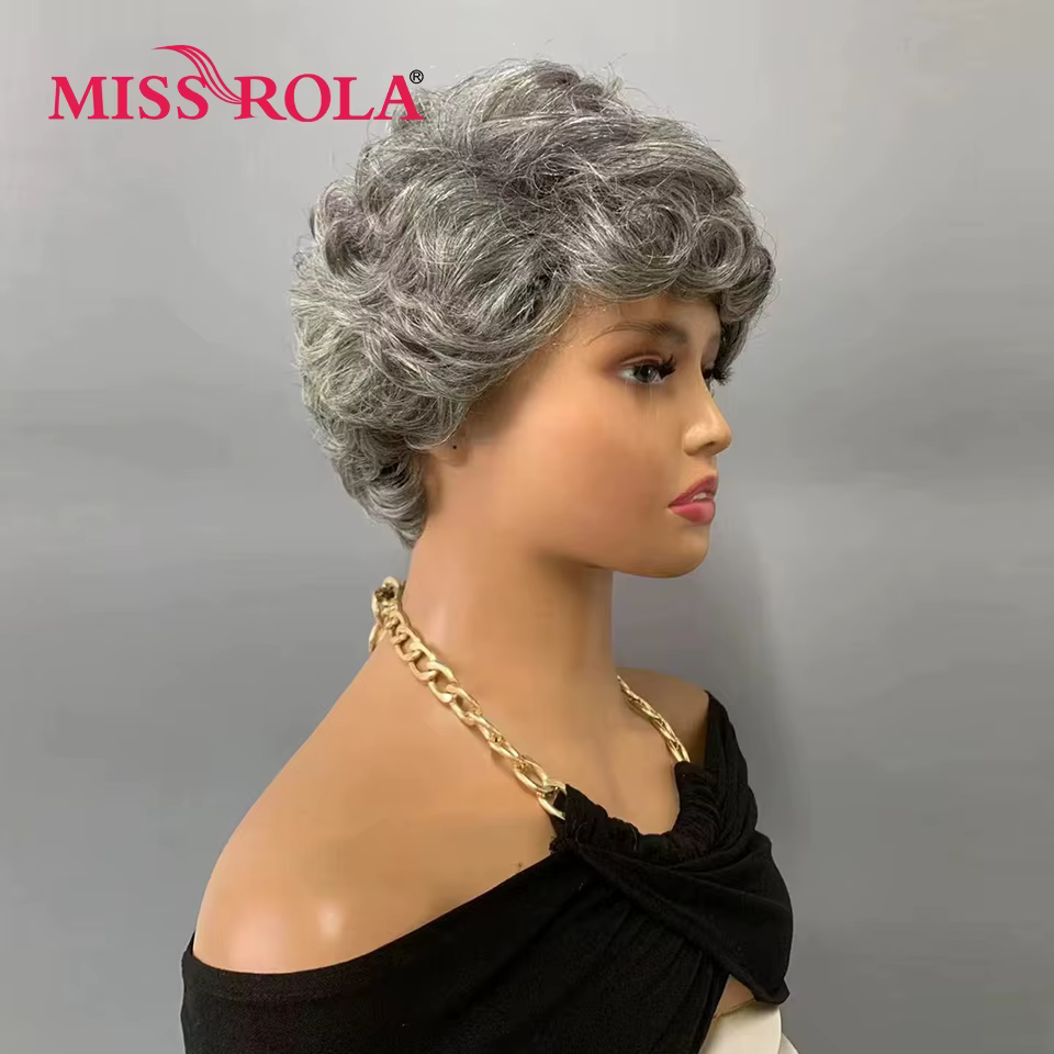 Miss Rola ondulé coupe lutin perruques 100% cheveux humains entièrement fait à la Machine gris et noir mettre en évidence perruque avec frange brésilienne Remy vagues