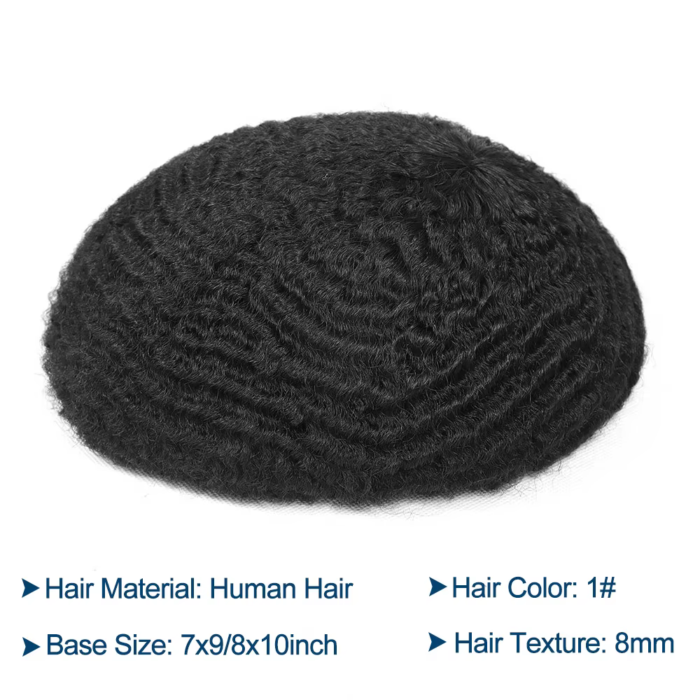 Afro bouclés toupet pour hommes peau mince pleine PU prothèse de cheveux humains 8mm africain mâle