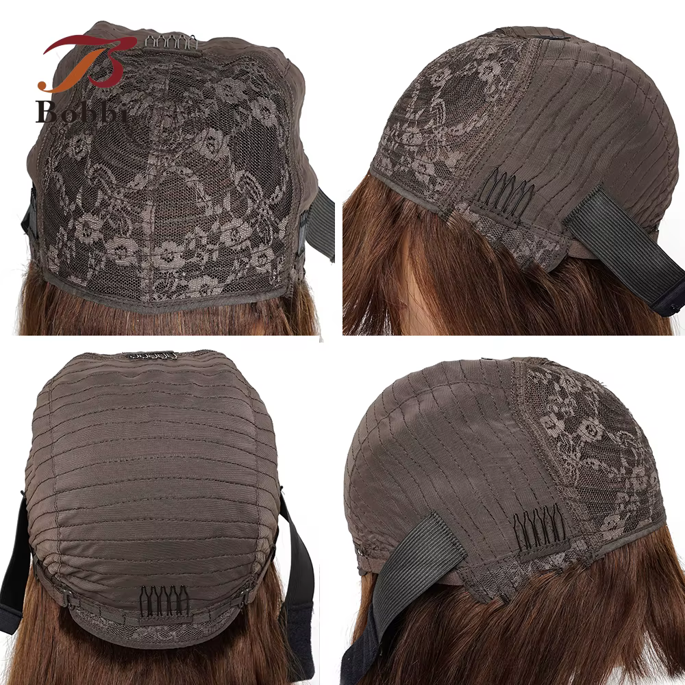 Perruques de cheveux 100% humains, perruque complète avec frange, marron, lisse, faite à la Machine, avec frange, Collection Bobbi