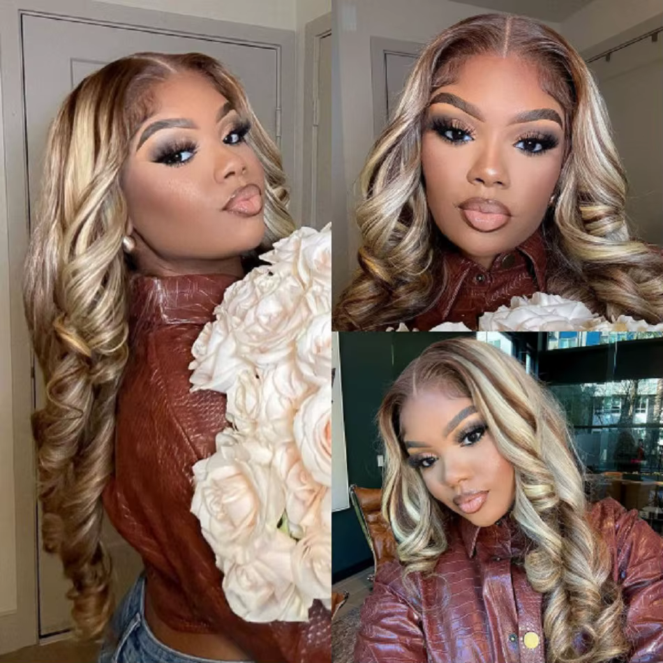 Perruque de cheveux humains Body Wave colorée à reflets blond brun 4/613