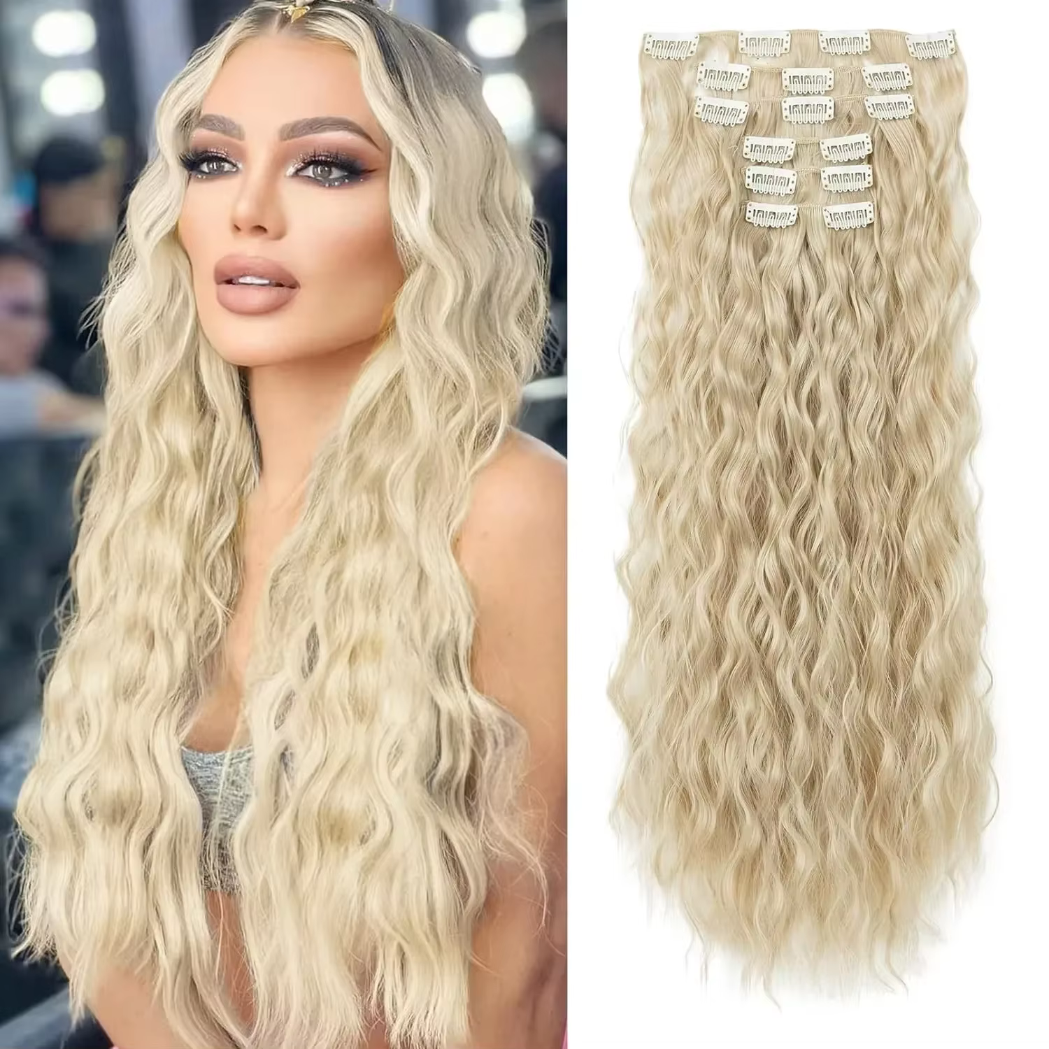Extensions de cheveux à clipser, 16 clips, 22 pouces de long, extensions de cheveux ondulés pour femmes, extensions de cheveux synthétiques pour tête entière