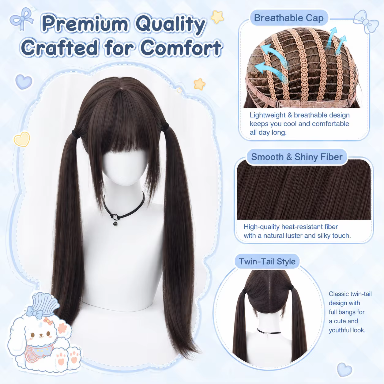 Perruque double queue de cheval longue et droite style High Tie Lolita Shao Luo JK pour filles