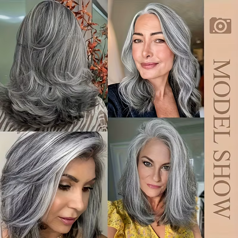 Perruque synthétique courte ondulée gris argenté pour femme