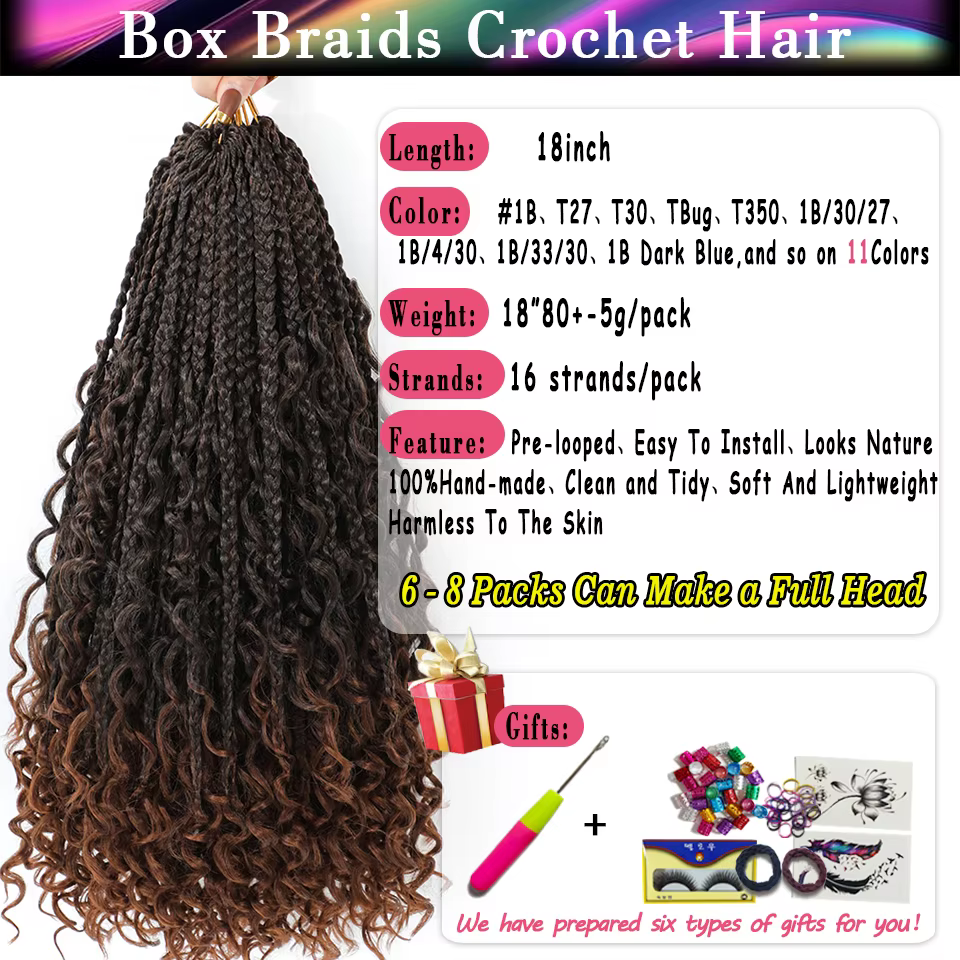 Boîte tresses Crochet cheveux pour femmes noires 18 pouces bouclés