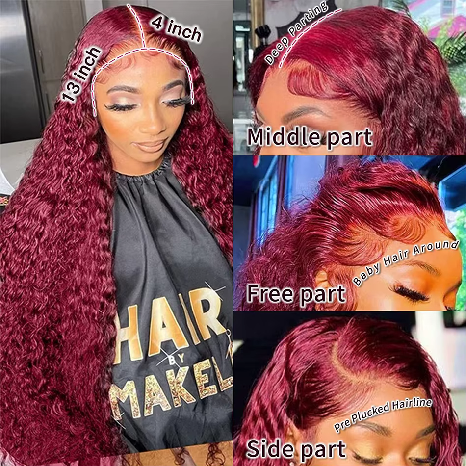 Perruque Lace Front Wig Naturelle Bouclée Rouge Bordeaux 99J