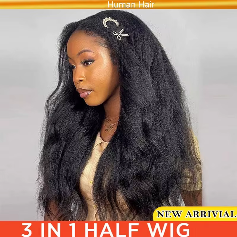 Demi-perruque droite crépue cheveux humains sans colle perruque