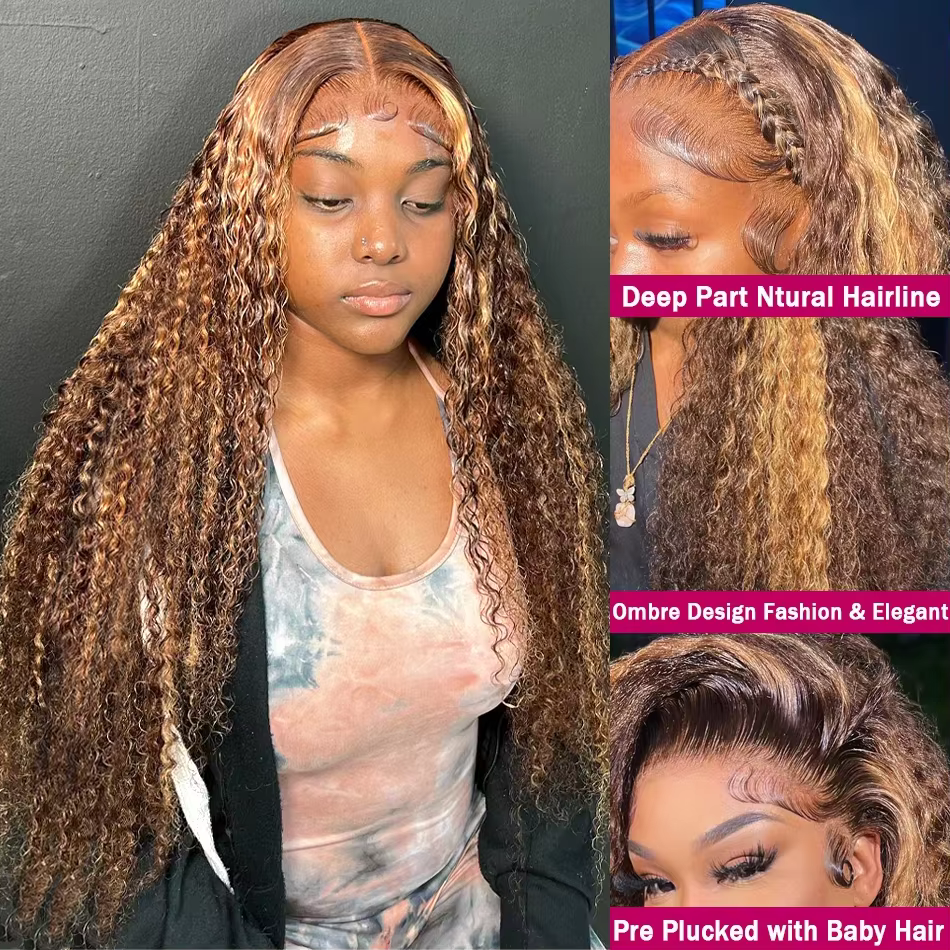 36 pouces bouclés mettre en évidence perruque cheveux humains 13x4 miel blond vague profonde femmes perruques coloré