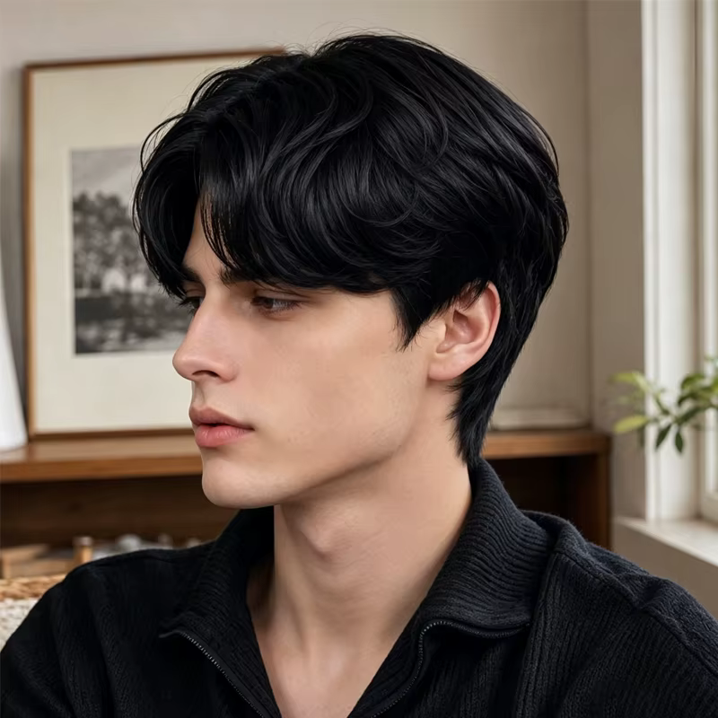 Perruque pour homme noire de 8 pouces en matière synthétique