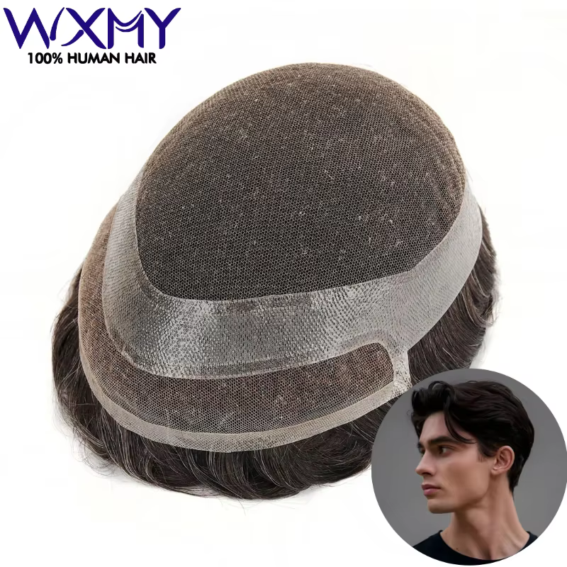 Hollywood toupet homme perruque mâle cheveux prothèse respirant dentelle suisse et PU naturel