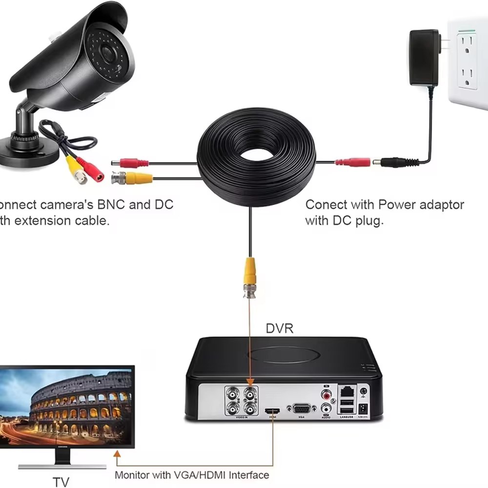 Câble d'extension de caméra de sécurité AHD 2 en 1, connecteur BNC+DC, câble BNC compatible pour les systèmes de vidéosurveillance