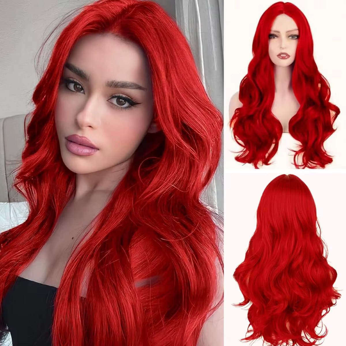 Perruque synthétique rouge à grandes boucles pour cosplay d'Halloween. Convient pour un usage quotidien. Livré avec un bonnet chauffant pour cheveux.