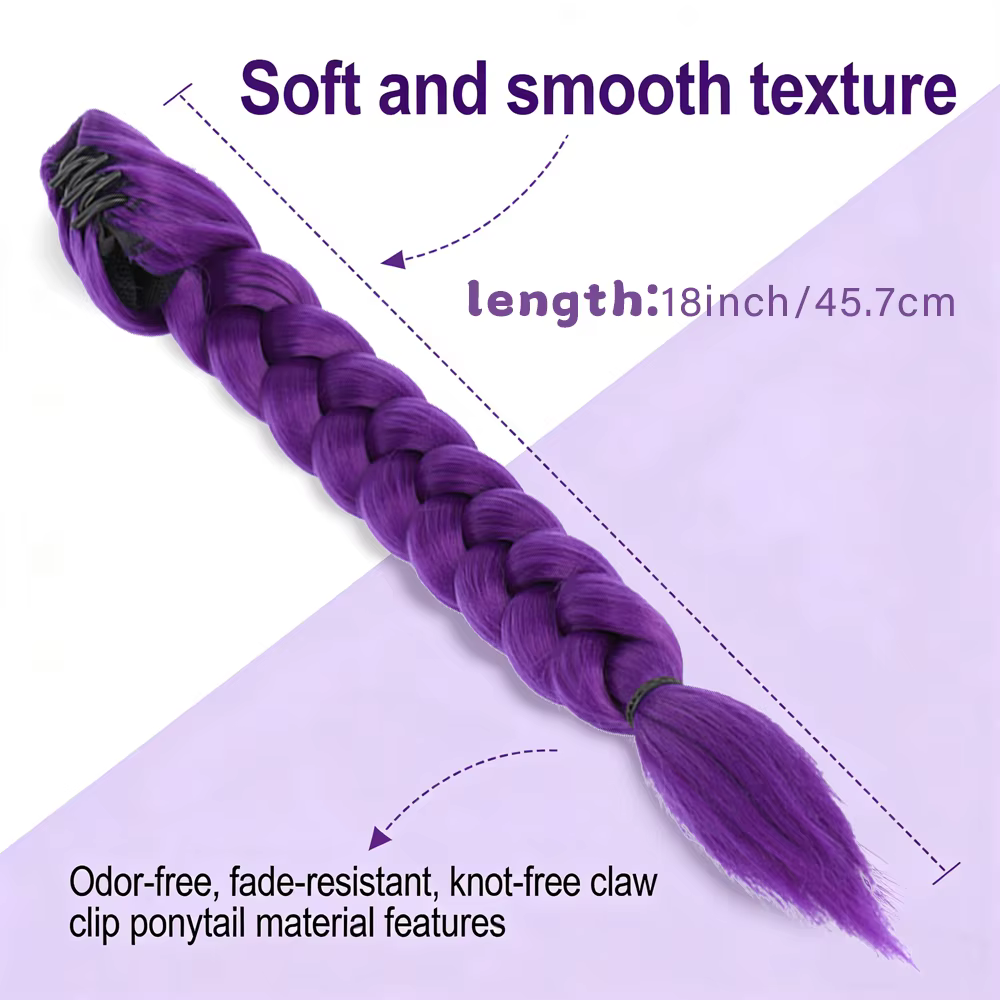 Perruque queue de cheval synthétique tressée violette avec pince crabe pour enfants