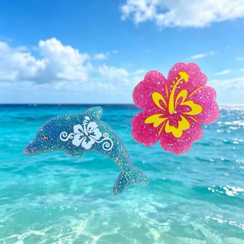Barrettes à cheveux en forme de dauphin bleu scintillant avec fleur d'hibiscus rose et motif tropical