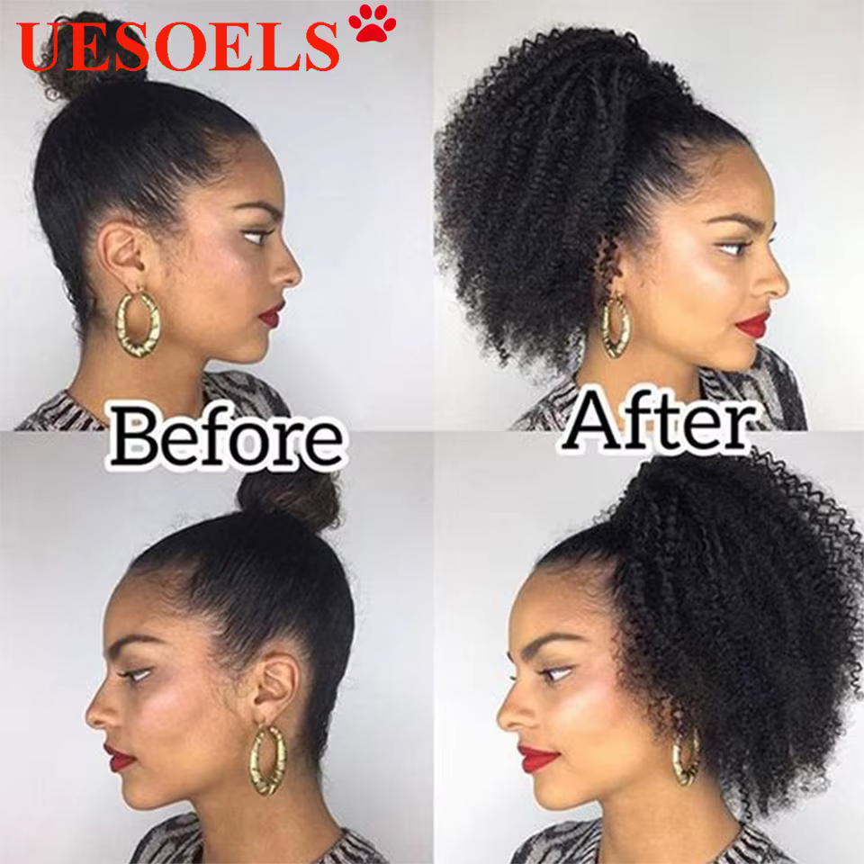 Queue de cheval afro bouclée en cheveux humains avec cordon de serrage