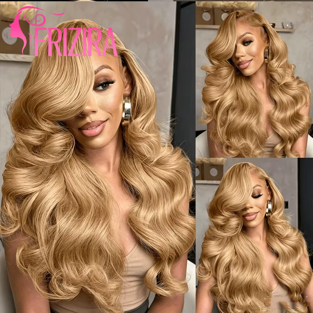 Perruque de cheveux humains avant de dentelle blond miel 13x6 HD 210% densité vague de corps perruques
