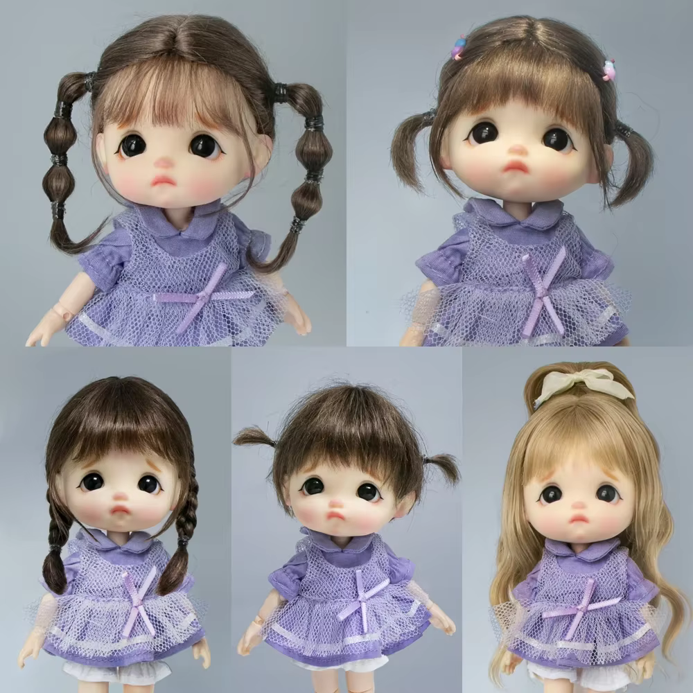 Queue de cheval cheveux étudiant chignon mignon tressé frange mohair mi-attaché doux perruque updo pour Ob11 1/8 1/12 BJD poupée accessoires 5-6 pouces