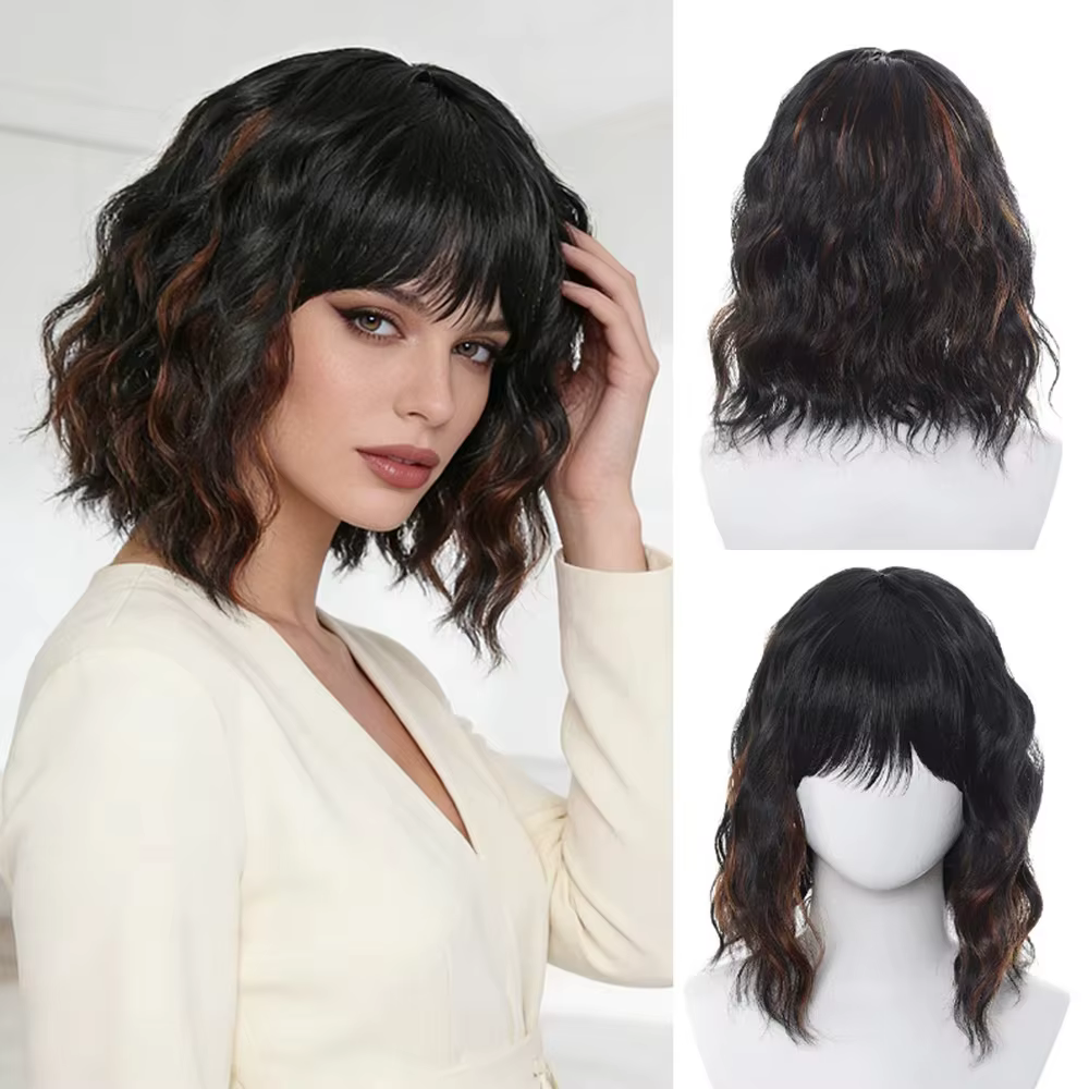 Perruque courte bouclée noire naturelle pour femmes - Bob ondulé longueur épaule avec frange | Cheveux synthétiques