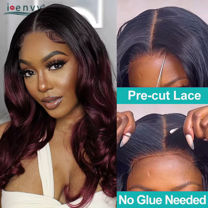 Perruques de cheveux humains bouclés sans colle bordeaux Wear and Go pour femmes