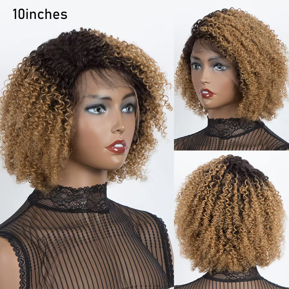 Perruque Bob Cheveux Humains Bouclés Crépus Ombré Brun 13x5x1 T Lace Frontal Densité 180% 10 Pouces Pré-Pluckée Sans Colle Noir Naturel pour Femmes