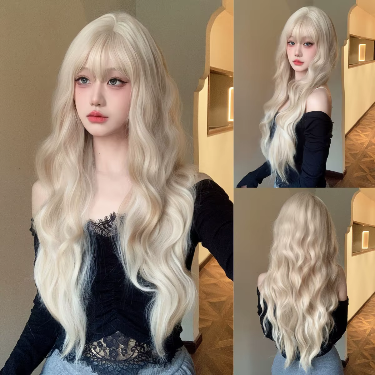Perruque synthétique longue ondulée Blonde platine 613