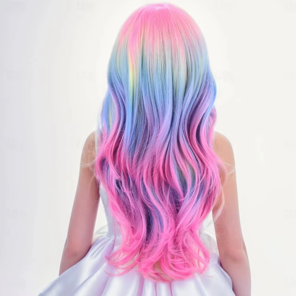 HAIRJOY cheveux synthétiques perruques colorées longue perruque ondulée bouclée pour filles enfants arc-en-ciel