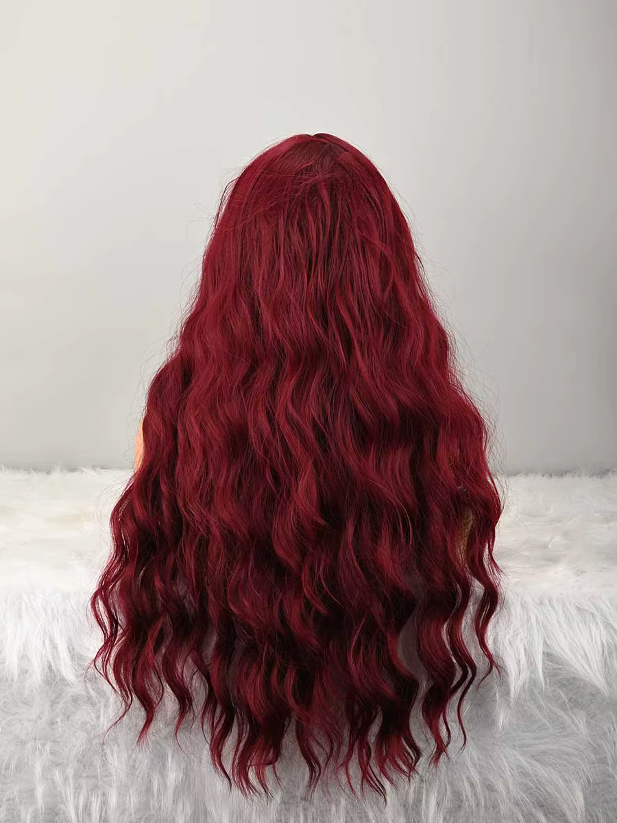 Perruque bordeaux avec frange pour femmes, longue perruque ondulée bordeaux, perruque rouge foncé, aspect naturel, perruque synthétique résistante à la chaleur, pour les fêtes