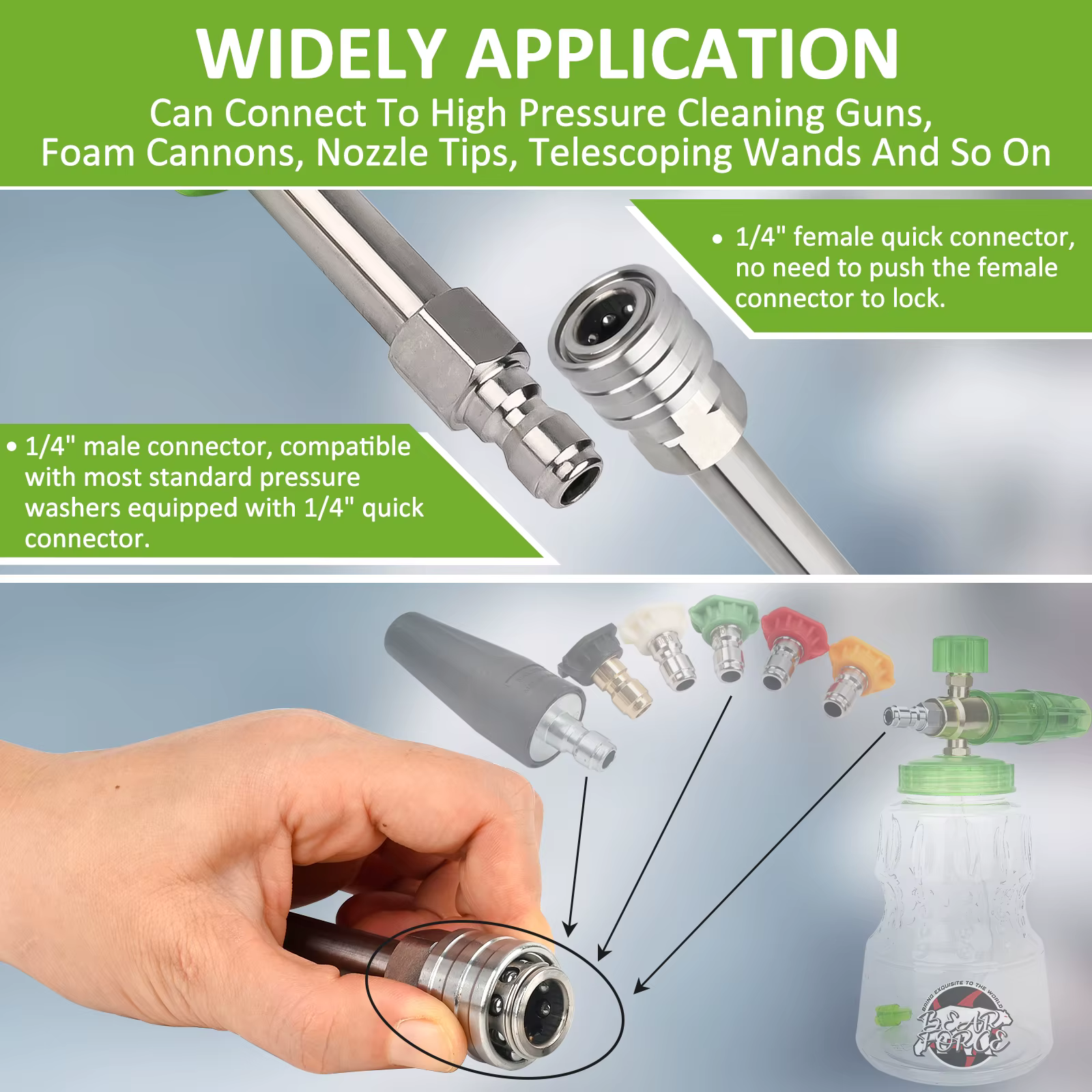 Baguette d'extension de nettoyeur haute pression pour lavage de voiture, baguette d'extension électrique en acier inoxydable, extension de baguette de laveuse électrique avec prise rapide de 1/4"