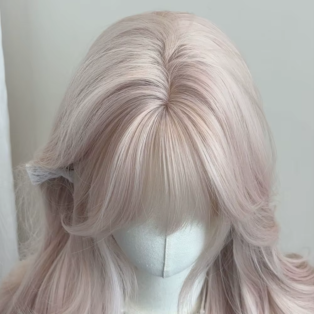 Perruque synthétique très bouclée rose gris féminin avec une bangs