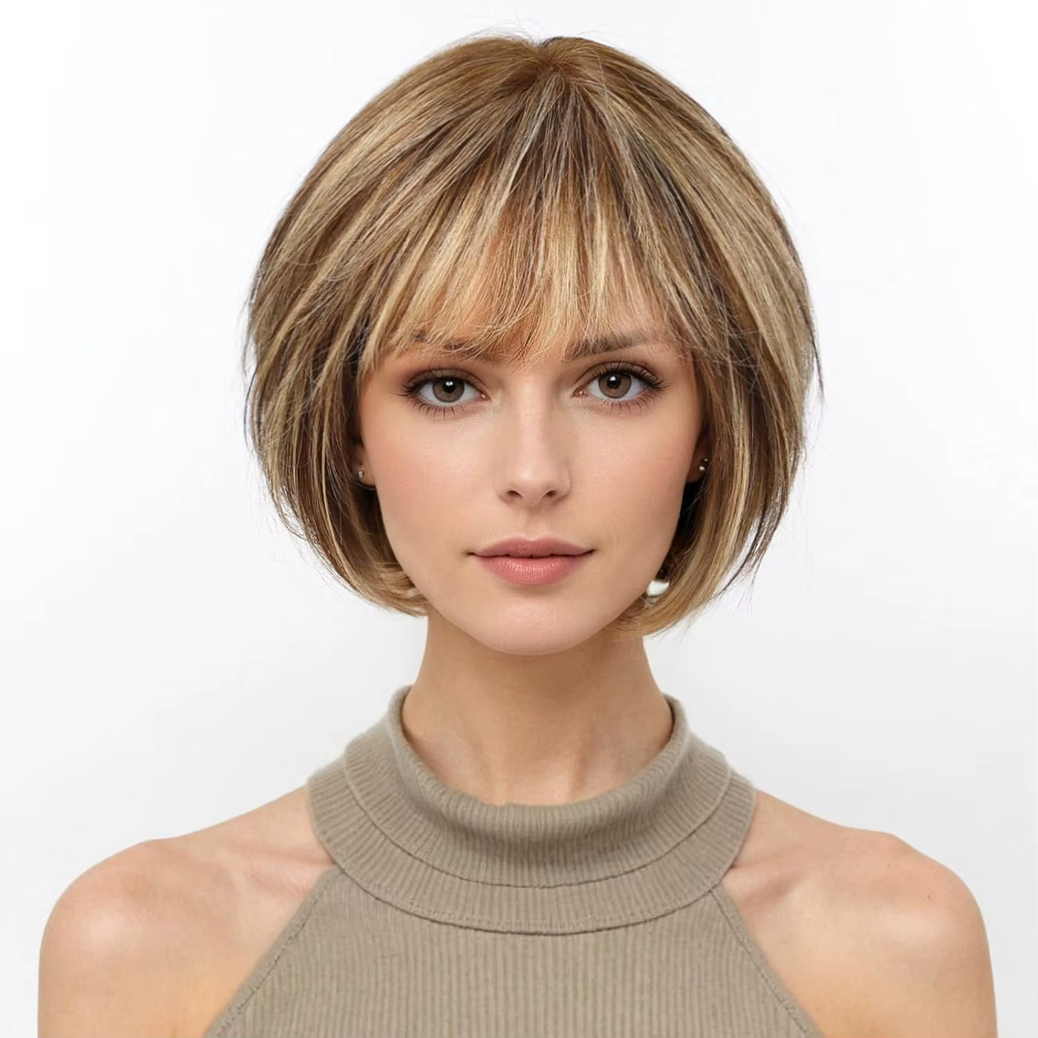 Perruque en cheveux humains bruns mélangés blonds pour femmes avec frange, perruque bob de 10 pouces, cheveux humains bruns lisses naturels et doux, pour les fêtes et le quotidien