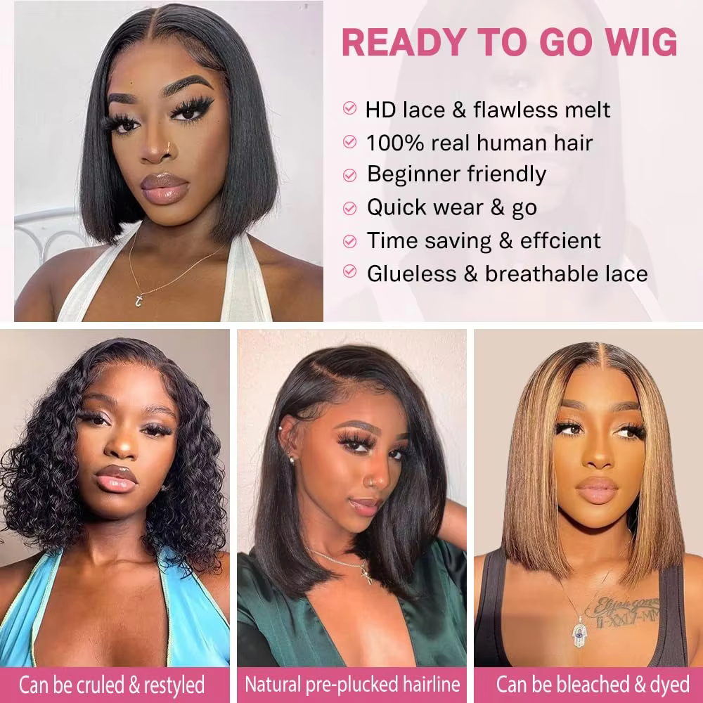 Wear And Go perruques sans colle cheveux humains fermeture pré-épilée Bob