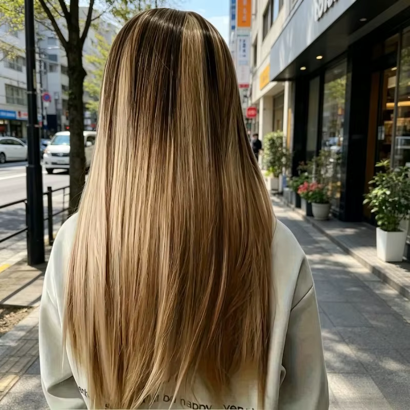 Perruque longue droite balayage brun blond synthétique pour femme, idéale pour le quotidien et la remplacement capillaire