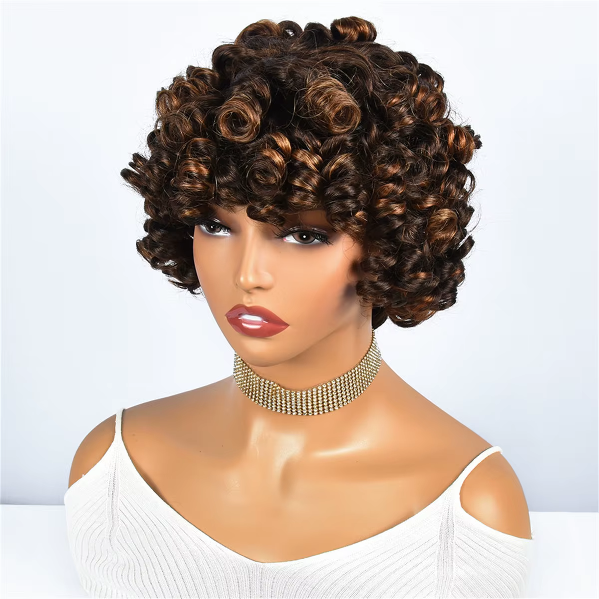 Hairugo-Perruque de Cheveux Humains Bouclés Coupe Pixie à Reflets