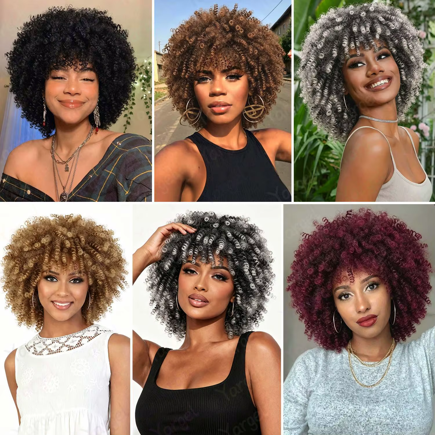 Perruque synthétique afro bouclée avec frange