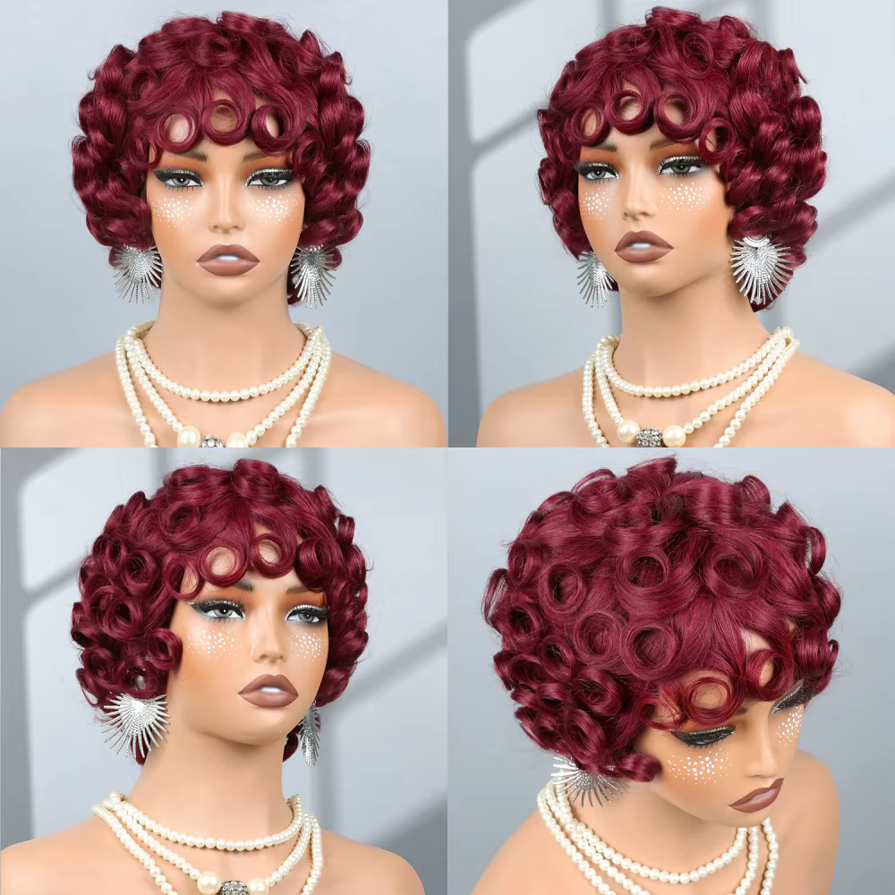 Perruques Courtes en Cheveux Humains Bourgogne 99J pour Femmes Noires