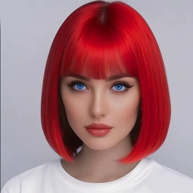 Perruque synthétique rouge de 12 pouces avec frange