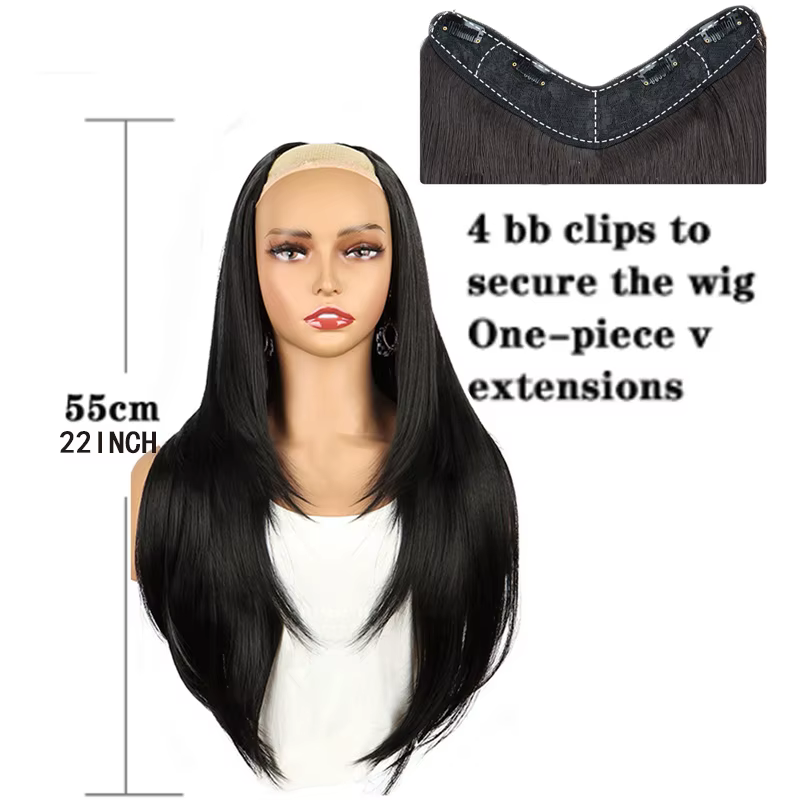 H & STAR-Extensions de cheveux synthétiques en forme de V, 22 pouces, bien mélangés, longs, raides, ondulés, extension de cheveux bruns