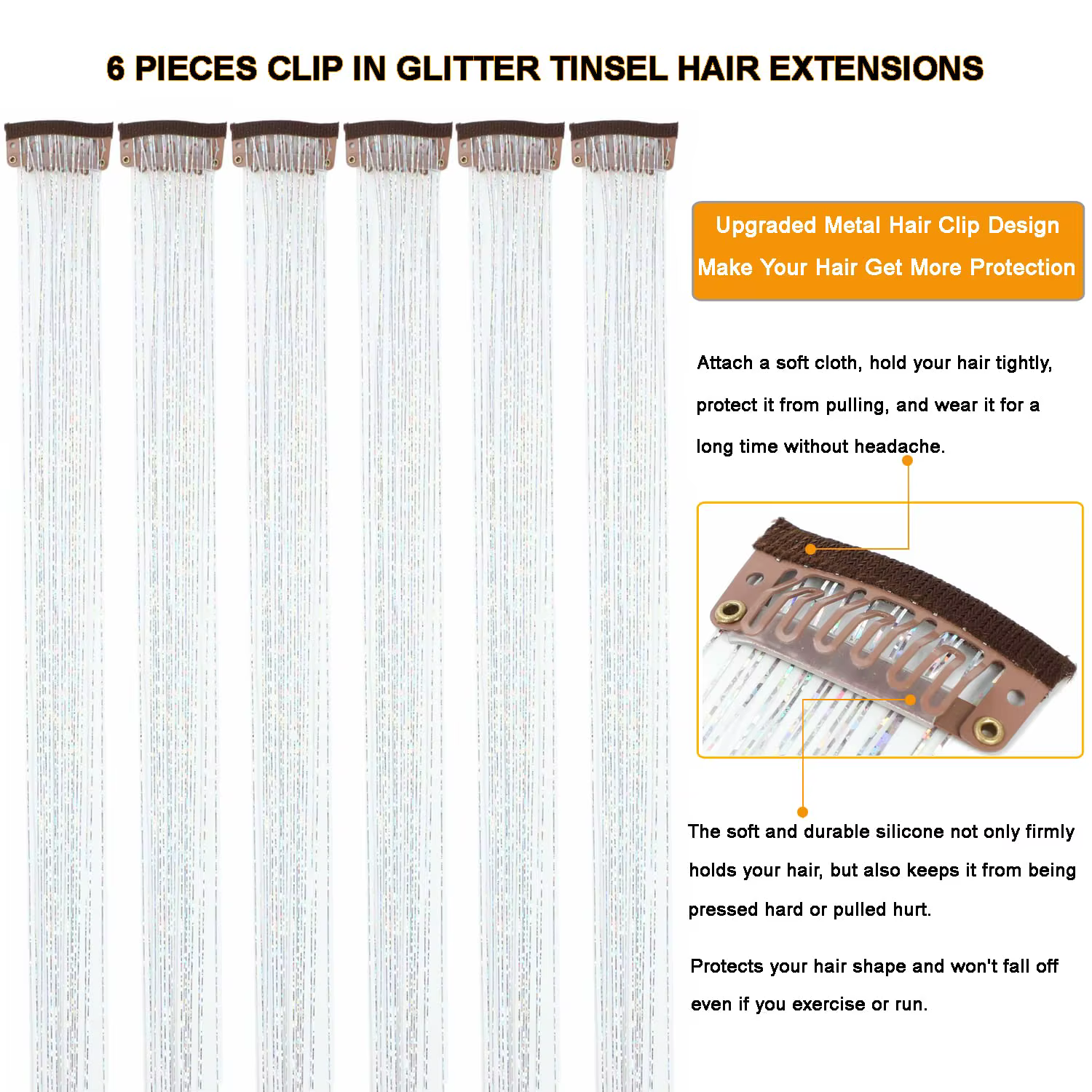 6 pièces pince à cheveux en 23.6 pouces paillettes synthétique