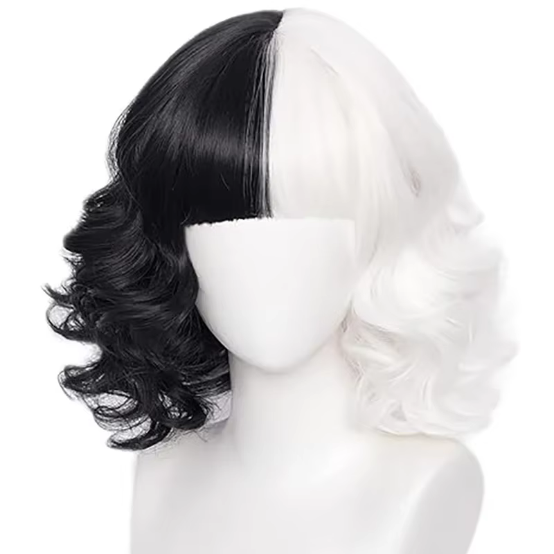 Anime Cruella de Vil Cosplay perruque accessoires Cruly moitié noir
