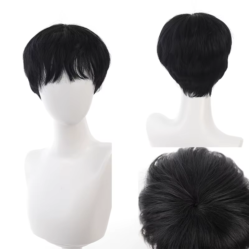 Perruque synthétique courte et lisse noire pour garçons coréens