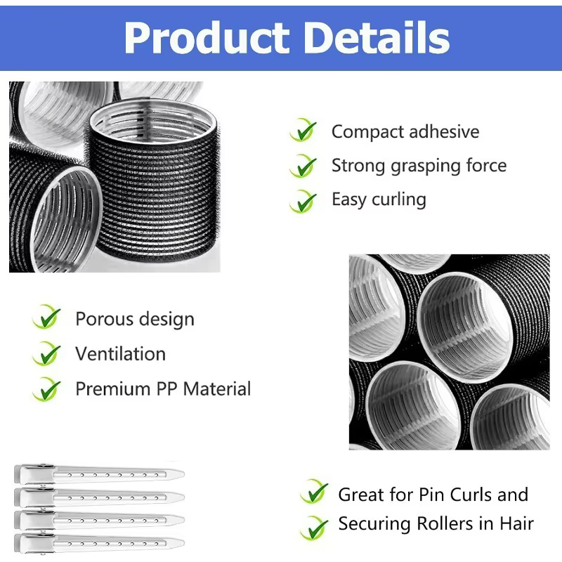 Ensemble de bigoudis 12 rouleaux jumbo auto-agrippants de 64 mm et 12 pinces à bec de canard - Outils de coiffure idéaux pour salon et bricolage pour toutes les longueurs de cheveux