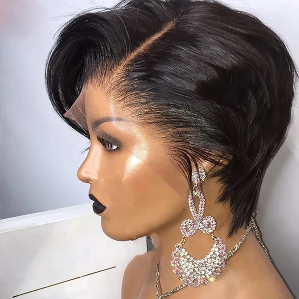 Pixie coupe perruques droites cheveux birmans 100%