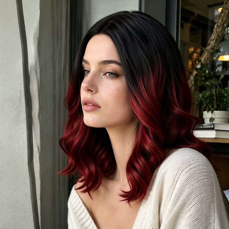 Perruque synthétique bouclée à raie centrale pour femme, 16 pouces, dégradé noir et bordeaux, adaptée à diverses occasions élégantes.