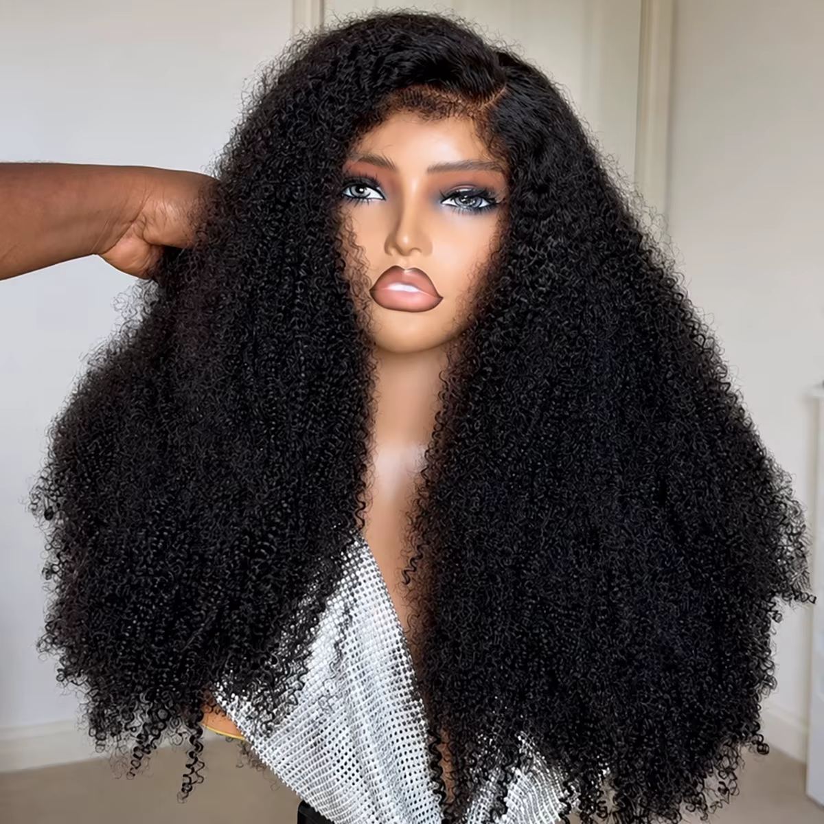 Perruque Afro Bouclée Naturelle Noire 20 Pouces Super Double Drawn avec Fermeture 5x5