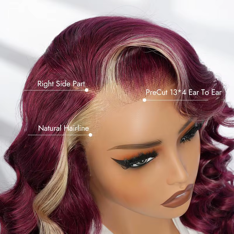 Alipearl cheveux partie latérale 13x4 bordeaux 99J perruque avec Blonde Ombre